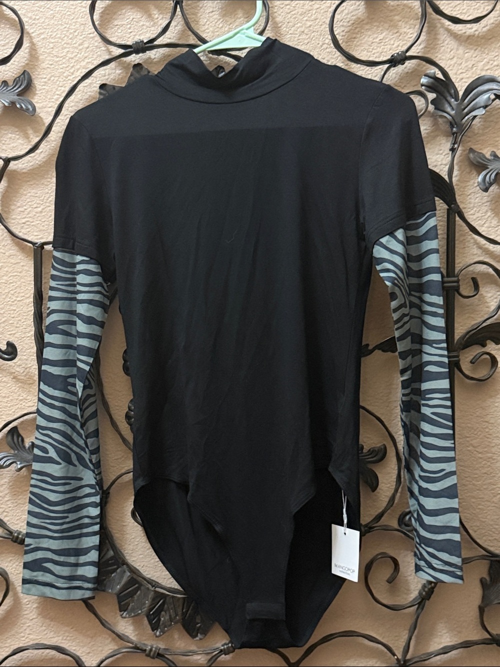 Mango Black Bodysuit with Grey Zebra-Print Long Sleeves